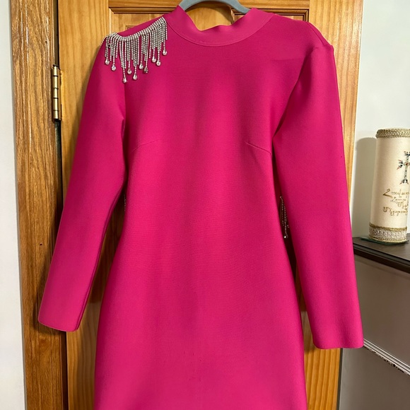 Pink Embellished Long Sleeve Midi Dress - Picture 3 of 4